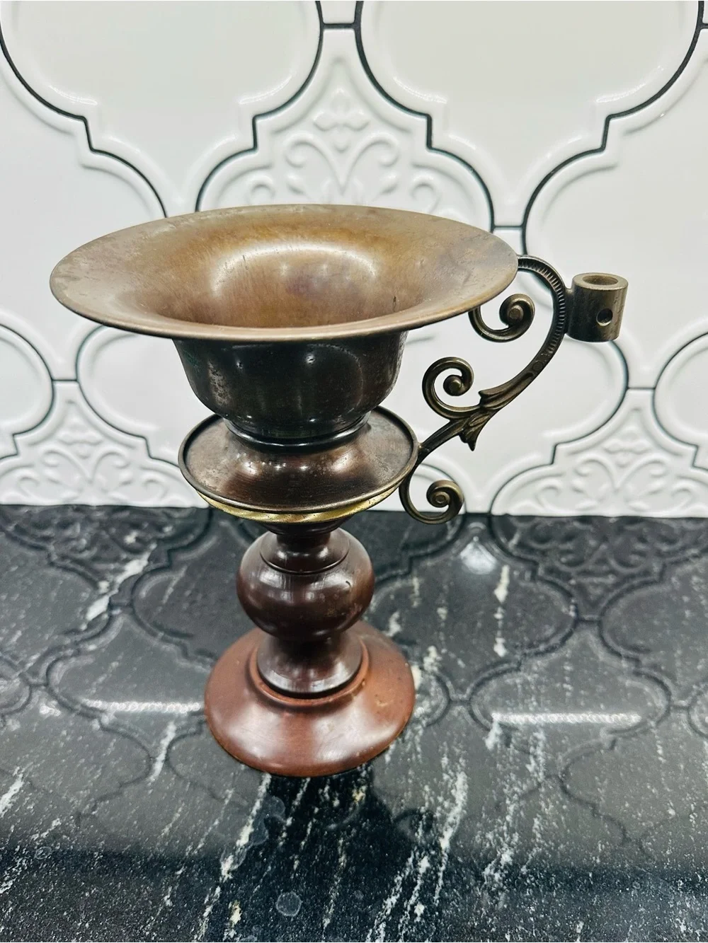 Antique-Style Brass and Wood Candle Holder - Brown